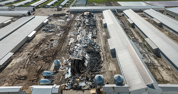 aerial view of barn fire destruction