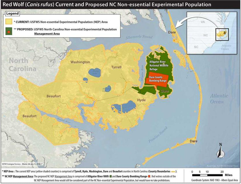 Red wolf current and proposed non-essential experimental population. Map by Jose Barrios, USFWS.