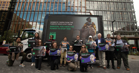 Photo by Ekō Animal welfare advocates pose in front of a billboard about ejiao