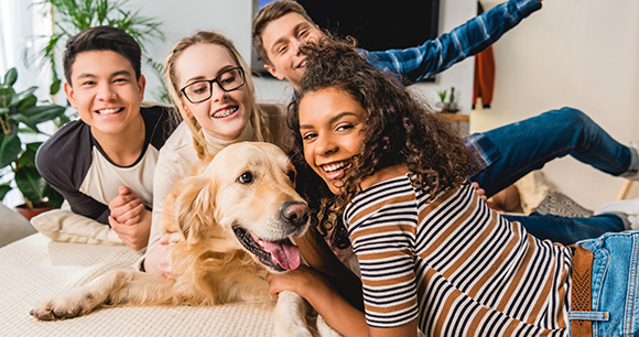 Four smiling teenagers gather around a Golden Retriever. 