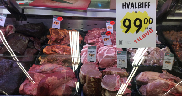 Whale meat for sale in a display case