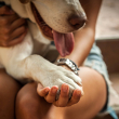 A woman holds a dog in her lap, the dog's paw in her hand.