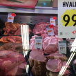 Whale meat for sale in a display case